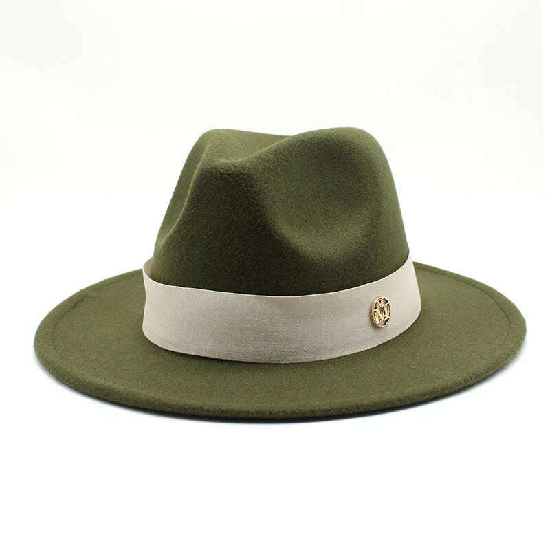 KIMLUD, New Fedora Hat For Women Winter Elegant Fashion Formal Wedding Decorate Church Cap Panama Party Jazz Hat chapeau femme, army green / 56-58CM, KIMLUD APPAREL - Womens Clothes