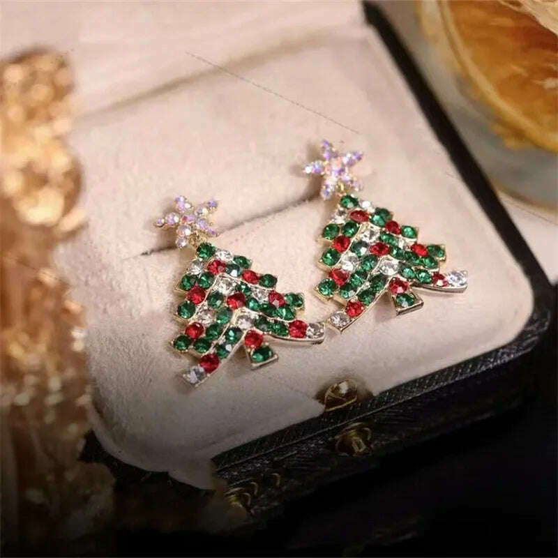 KIMLUD, New Full Inlaid Colorful Zircon Christmas Tree Tassel Earrings Women's Fashion Personality Earrings Party Jewelry Christmas Gift, KIMLUD Women's Clothes