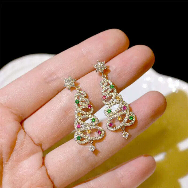 KIMLUD, New Full Inlaid Colorful Zircon Christmas Tree Tassel Earrings Women's Fashion Personality Earrings Party Jewelry Christmas Gift, KIMLUD Womens Clothes