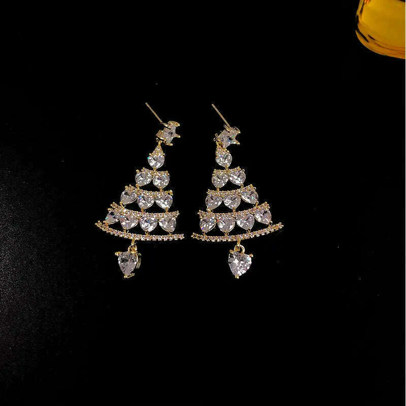 KIMLUD, New Full Inlaid Colorful Zircon Christmas Tree Tassel Earrings Women's Fashion Personality Earrings Party Jewelry Christmas Gift, E, KIMLUD Women's Clothes