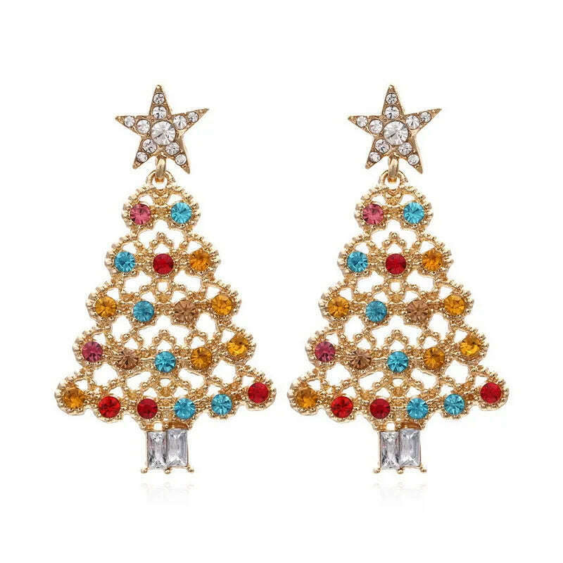 KIMLUD, New Full Inlaid Colorful Zircon Christmas Tree Tassel Earrings Women's Fashion Personality Earrings Party Jewelry Christmas Gift, KIMLUD Womens Clothes