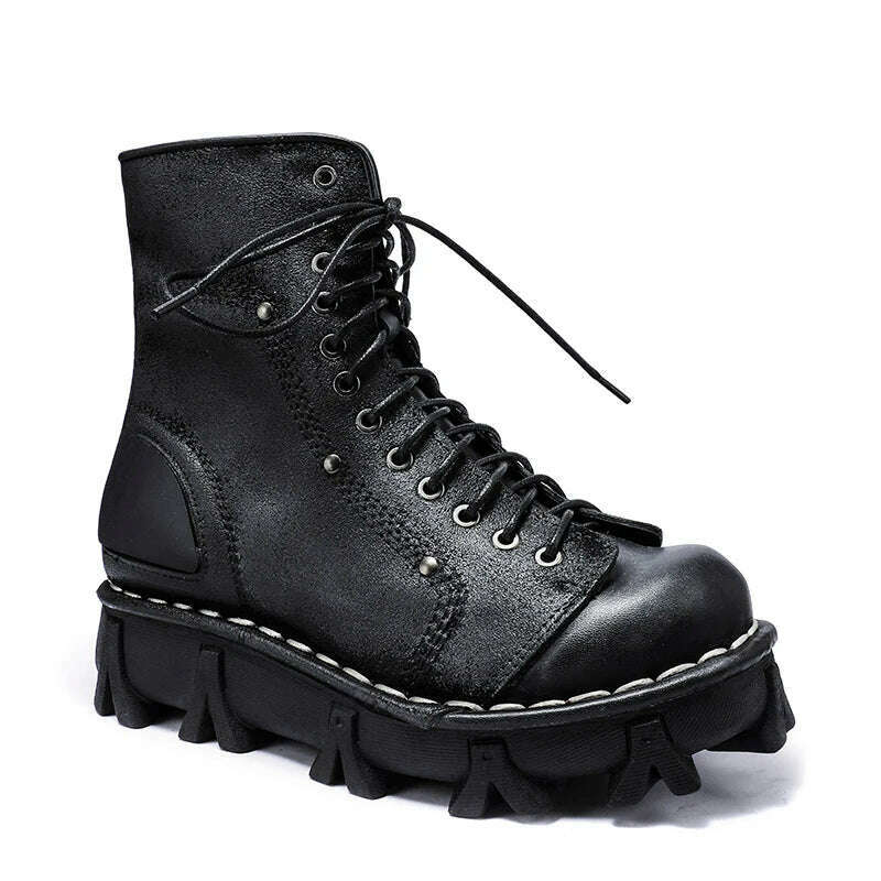 KIMLUD, New Genuine Leather Military Boots Men's Winter Cowboy Boots Mid-calf Boots Skull Gothic Punk Platform Motorcycle Boots Botas, KIMLUD Womens Clothes