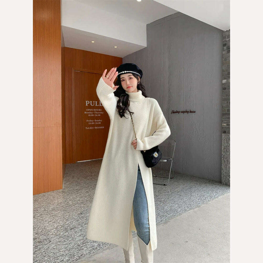 KIMLUD, New In Autumn Winter Women Knitted Pullover Dress High Necked Split Loose Long Sweater Dress Casual Temperament Women Clothes, Apricot / One Size, KIMLUD Womens Clothes