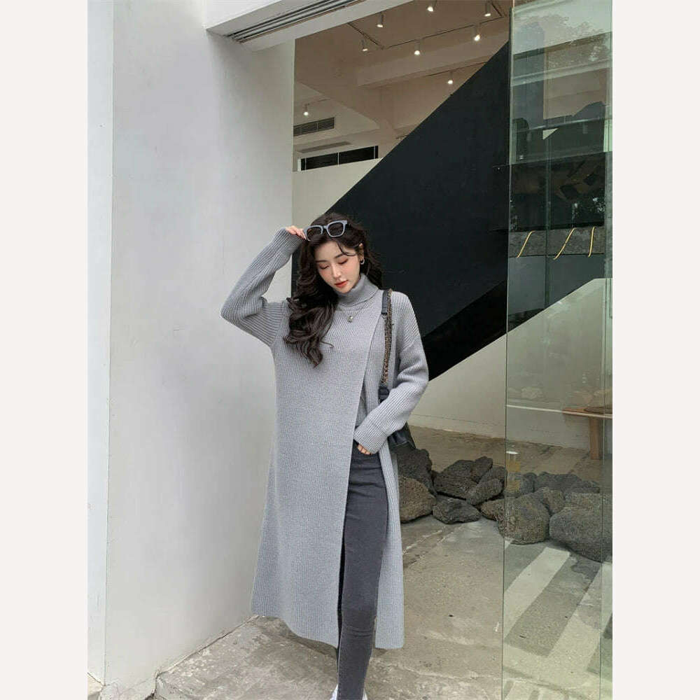 KIMLUD, New In Autumn Winter Women Knitted Pullover Dress High Necked Split Loose Long Sweater Dress Casual Temperament Women Clothes, Grey / One Size, KIMLUD Womens Clothes