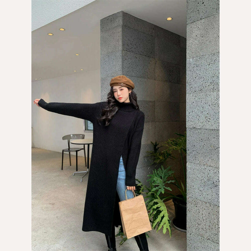 KIMLUD, New In Autumn Winter Women Knitted Pullover Dress High Necked Split Loose Long Sweater Dress Casual Temperament Women Clothes, Black / One Size, KIMLUD APPAREL - Womens Clothes