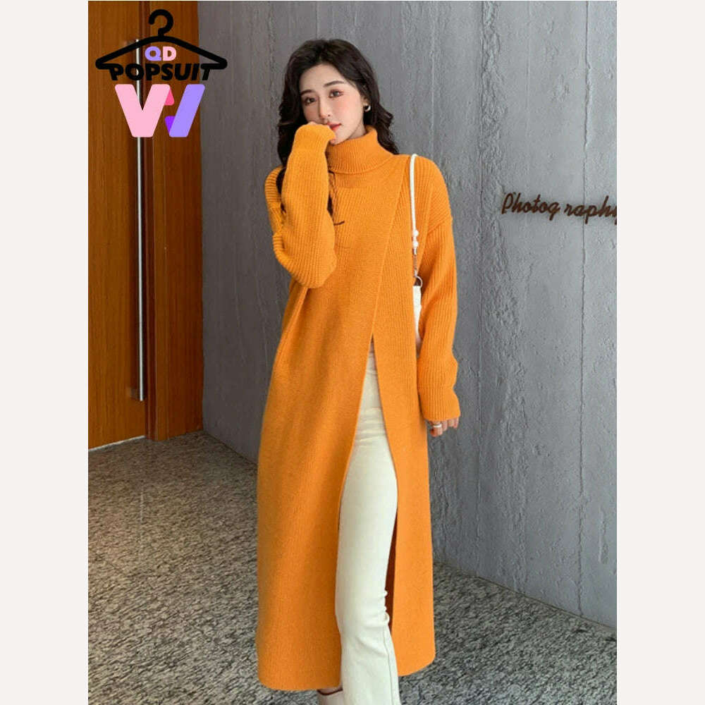 KIMLUD, New In Autumn Winter Women Knitted Pullover Dress High Necked Split Loose Long Sweater Dress Casual Temperament Women Clothes, KIMLUD Womens Clothes