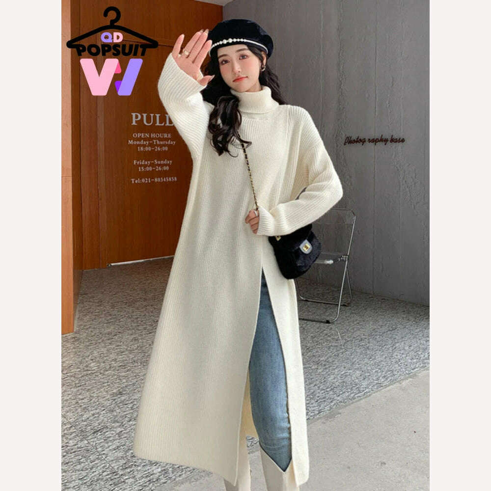 KIMLUD, New In Autumn Winter Women Knitted Pullover Dress High Necked Split Loose Long Sweater Dress Casual Temperament Women Clothes, KIMLUD Womens Clothes