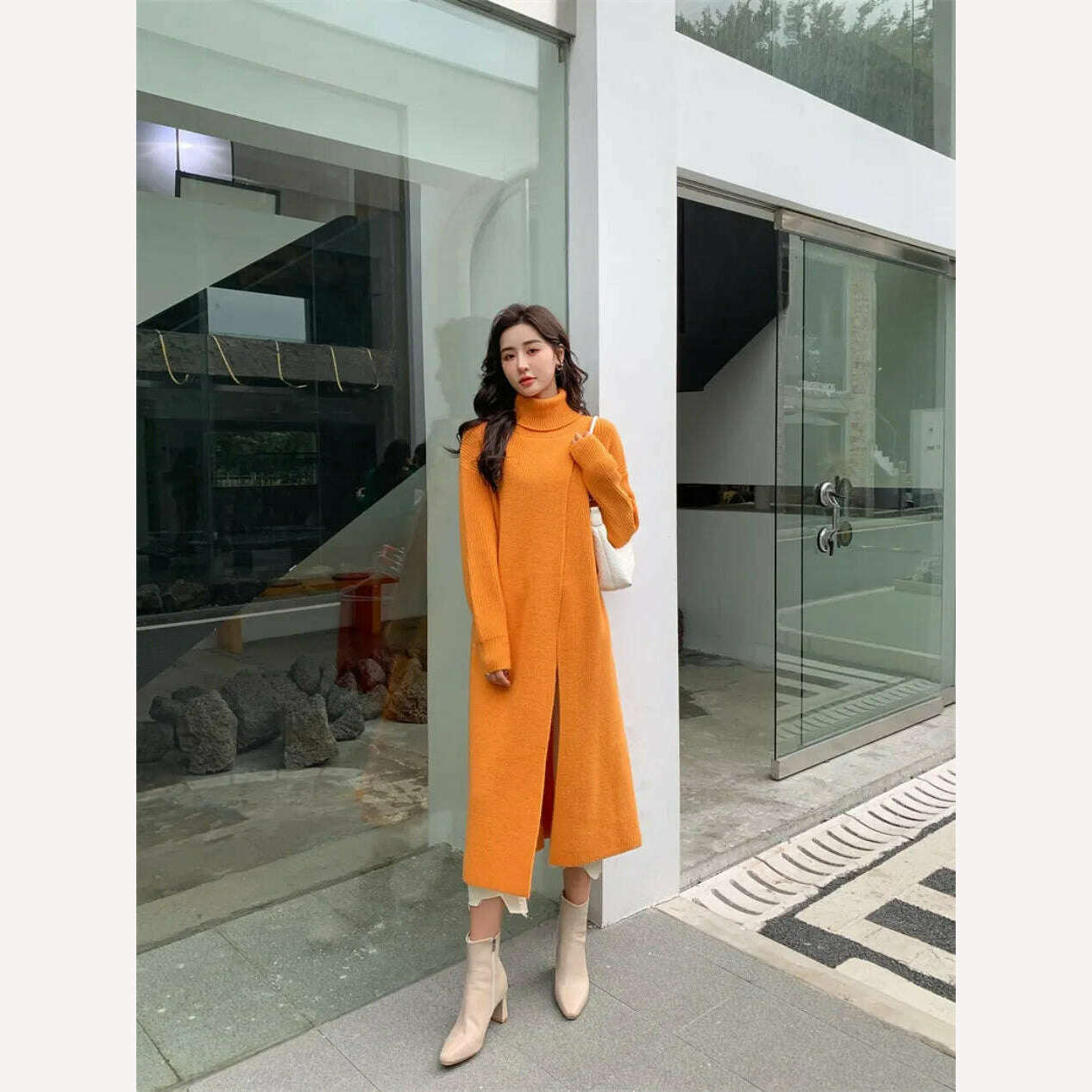 KIMLUD, New In Autumn Winter Women Knitted Pullover Dress High Necked Split Loose Long Sweater Dress Casual Temperament Women Clothes, KIMLUD Womens Clothes