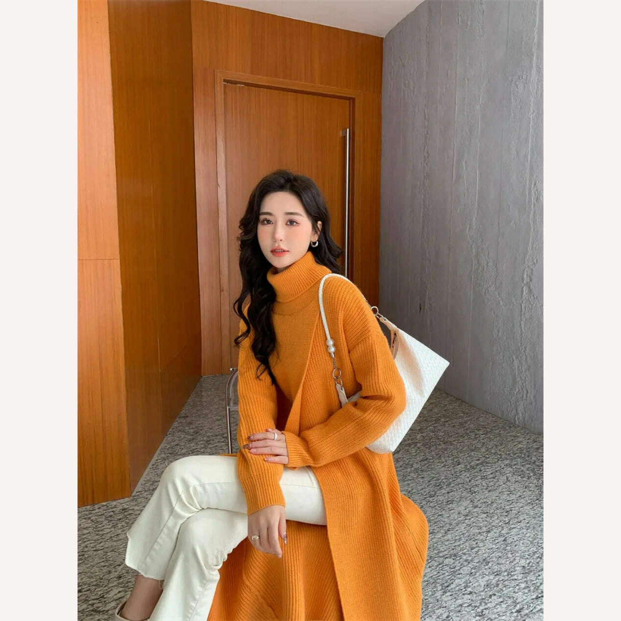 KIMLUD, New In Autumn Winter Women Knitted Pullover Dress High Necked Split Loose Long Sweater Dress Casual Temperament Women Clothes, KIMLUD Womens Clothes