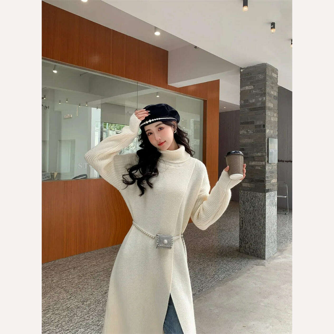KIMLUD, New In Autumn Winter Women Knitted Pullover Dress High Necked Split Loose Long Sweater Dress Casual Temperament Women Clothes, KIMLUD Womens Clothes