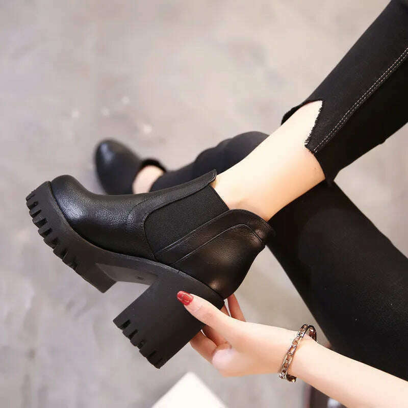 New In Women Boots Comfortable and Elegant Genuine Leather and Fur Shoes Woman Winter 2023 Chelsea Autumn Black Fashion Booties - KIMLUD