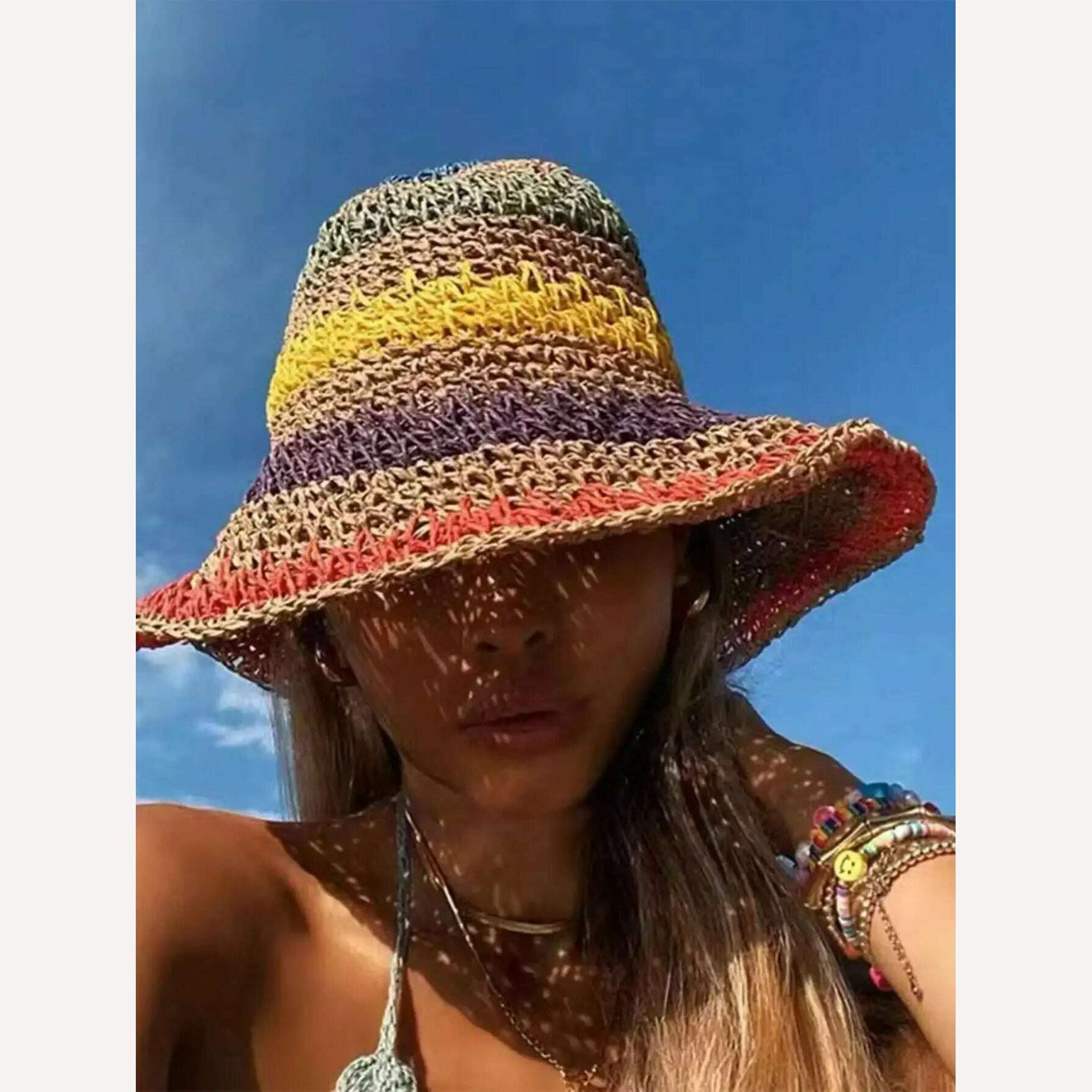 New Korean Style Multicolor Foldable Sun Crochet Hat For Beach, Travel And Vacation handmade straw hat - KIMLUD