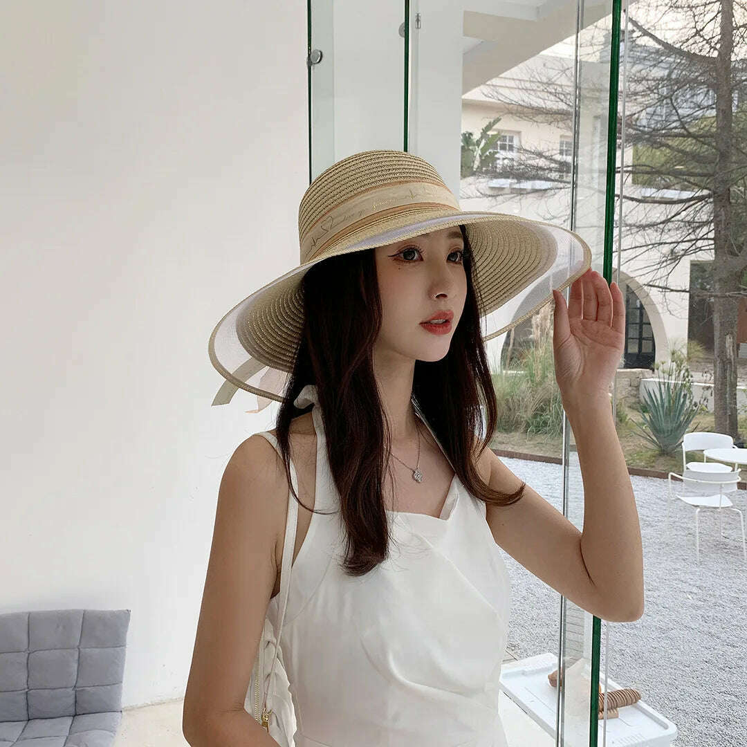 KIMLUD, New Korean Style Women's Straw Bow Ribbon Big Brim Shade Ins Celebrity Outing Fashion Beach Vacation Ruffled Dome Straw Hat, KIMLUD Womens Clothes