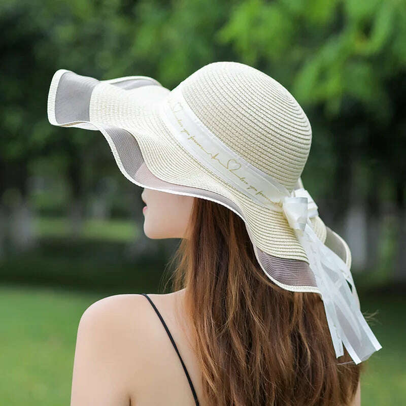 KIMLUD, New Korean Style Women's Straw Bow Ribbon Big Brim Shade Ins Celebrity Outing Fashion Beach Vacation Ruffled Dome Straw Hat, KIMLUD Womens Clothes
