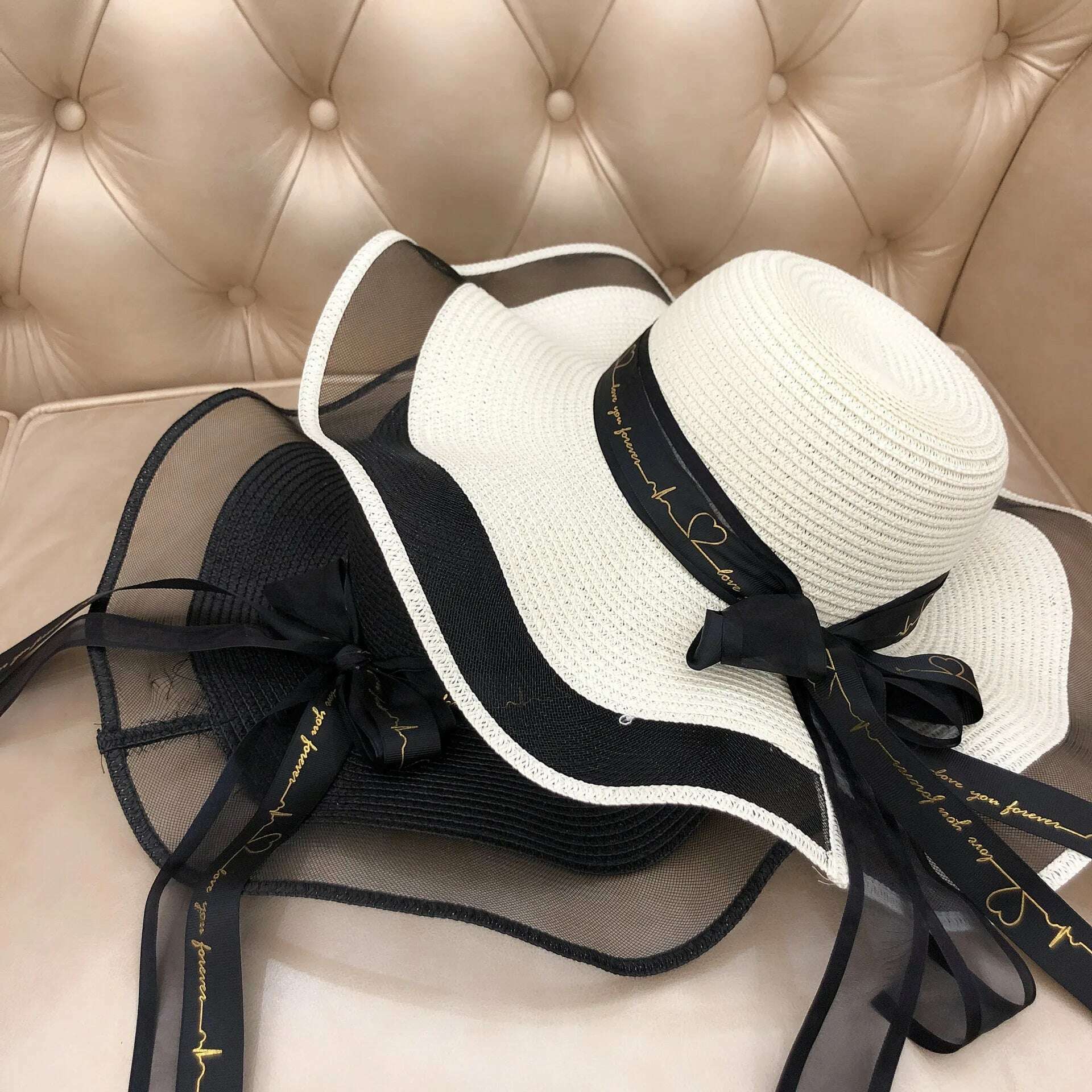New Korean Style Women's Straw Bow Ribbon Big Brim Shade Ins Celebrity Outing Fashion Beach Vacation Ruffled Dome Straw Hat - KIMLUD