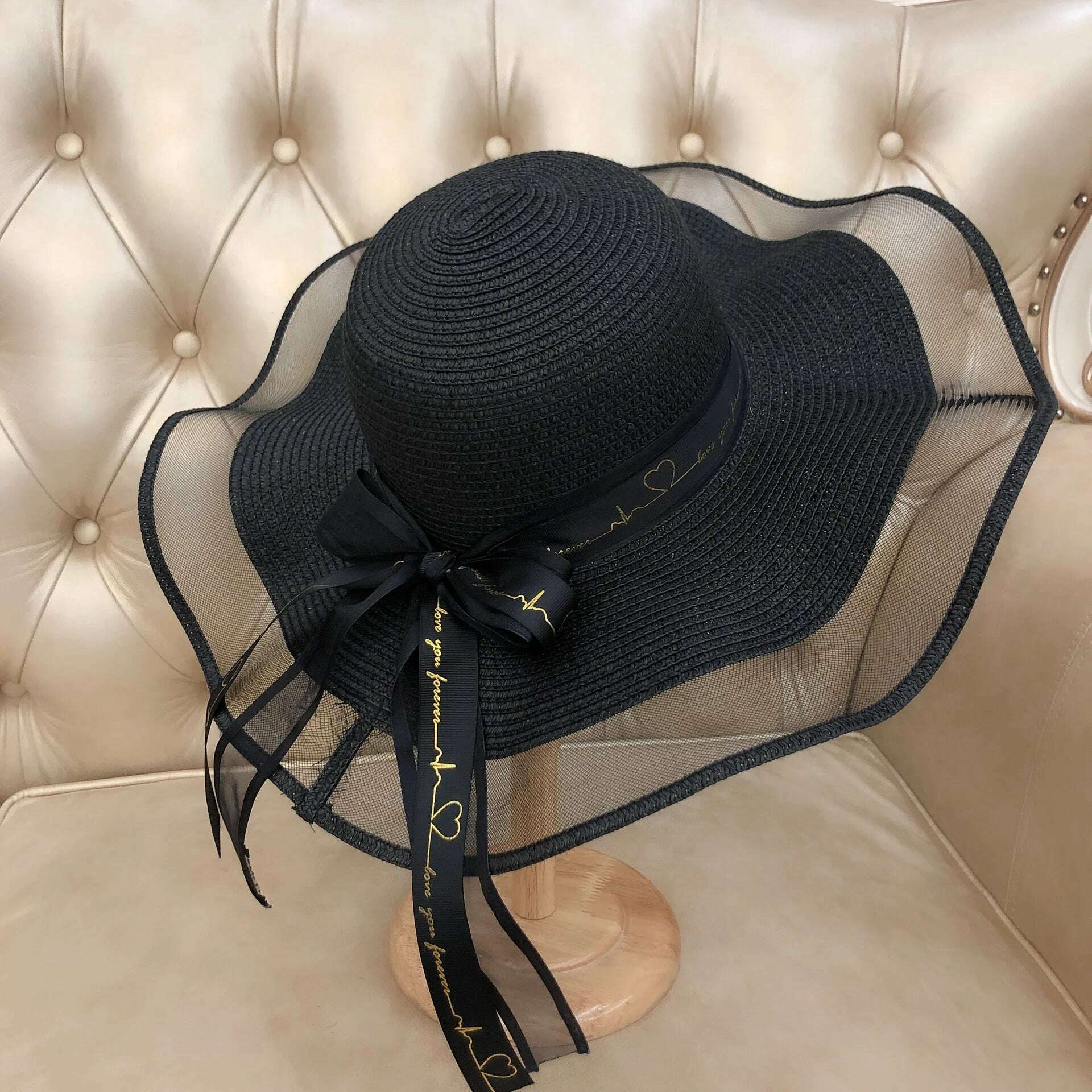 New Korean Style Women's Straw Bow Ribbon Big Brim Shade Ins Celebrity Outing Fashion Beach Vacation Ruffled Dome Straw Hat - KIMLUD