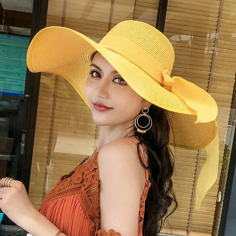 New Korean Style Women's Straw Bow Ribbon Big Brim Shade Ins Celebrity Outing Fashion Beach Vacation Ruffled Dome Straw Hat - KIMLUD