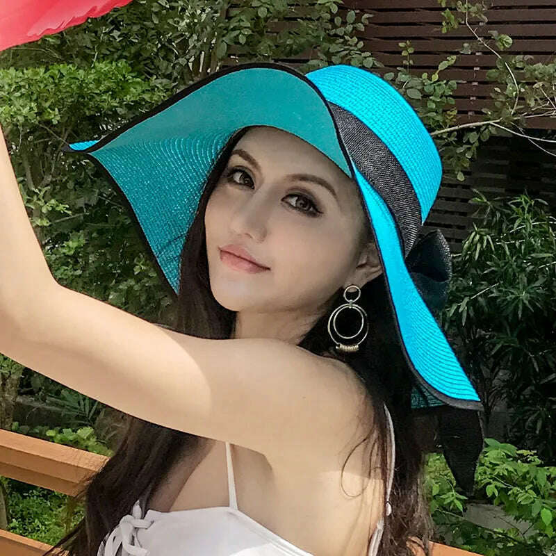 New Korean Style Women's Straw Bow Ribbon Big Brim Shade Ins Celebrity Outing Fashion Beach Vacation Ruffled Dome Straw Hat - KIMLUD
