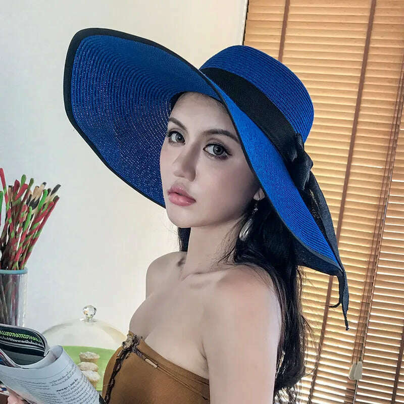 New Korean Style Women's Straw Bow Ribbon Big Brim Shade Ins Celebrity Outing Fashion Beach Vacation Ruffled Dome Straw Hat - KIMLUD