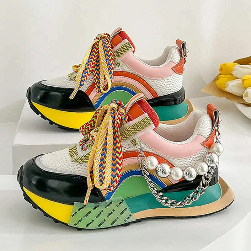 New Lace Up Iridescent Pearl Chain Decorative Women&#39;s Vulcanized Shoes Women&#39;s Platform Sneakers Zapatos De Mujer Women Shoes - KIMLUD