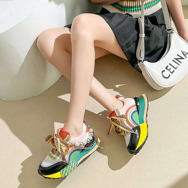 New Lace Up Iridescent Pearl Chain Decorative Women&#39;s Vulcanized Shoes Women&#39;s Platform Sneakers Zapatos De Mujer Women Shoes - KIMLUD