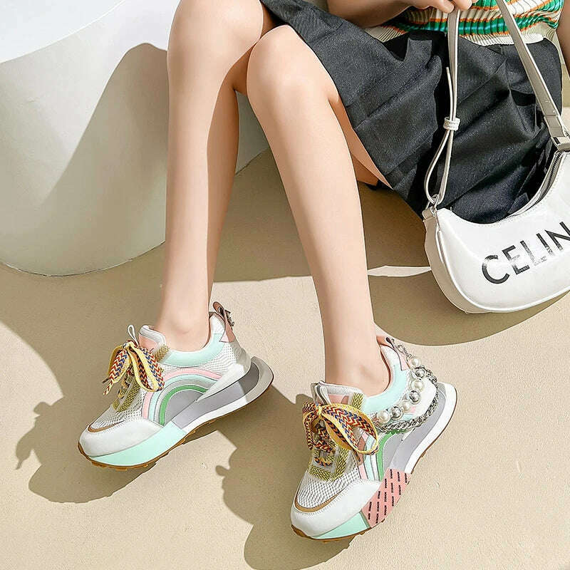 New Lace Up Iridescent Pearl Chain Decorative Women&#39;s Vulcanized Shoes Women&#39;s Platform Sneakers Zapatos De Mujer Women Shoes, Green / 35, KIMLUD Women's Clothes