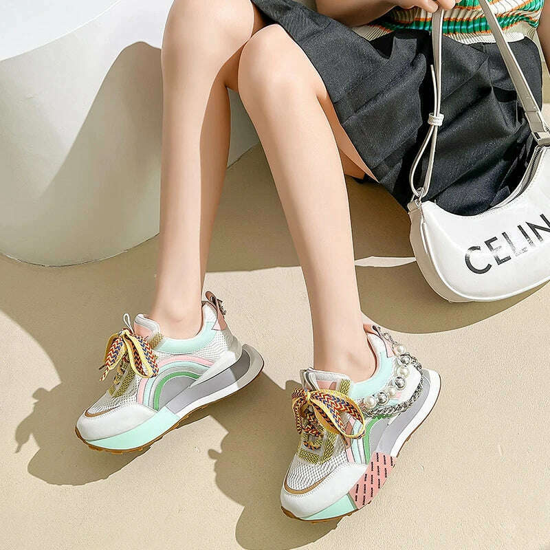 New Lace Up Iridescent Pearl Chain Decorative Women&#39;s Vulcanized Shoes Women&#39;s Platform Sneakers Zapatos De Mujer Women Shoes - KIMLUD