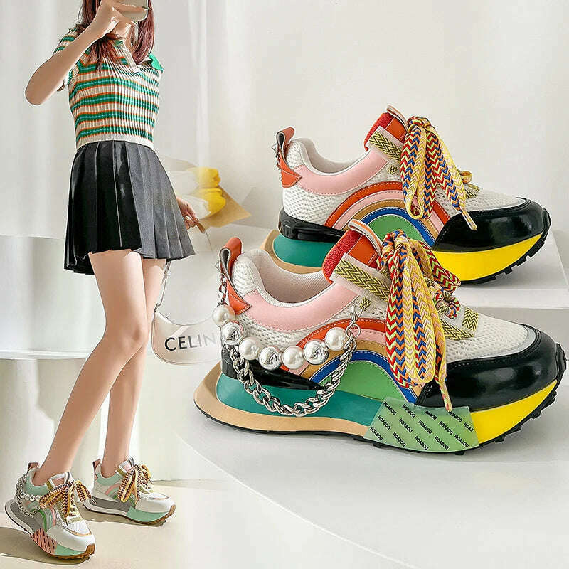 New Lace Up Iridescent Pearl Chain Decorative Women&#39;s Vulcanized Shoes Women&#39;s Platform Sneakers Zapatos De Mujer Women Shoes - KIMLUD
