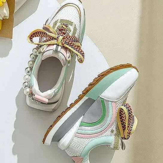 New Lace Up Iridescent Pearl Chain Decorative Women&#39;s Vulcanized Shoes Women&#39;s Platform Sneakers Zapatos De Mujer Women Shoes - KIMLUD