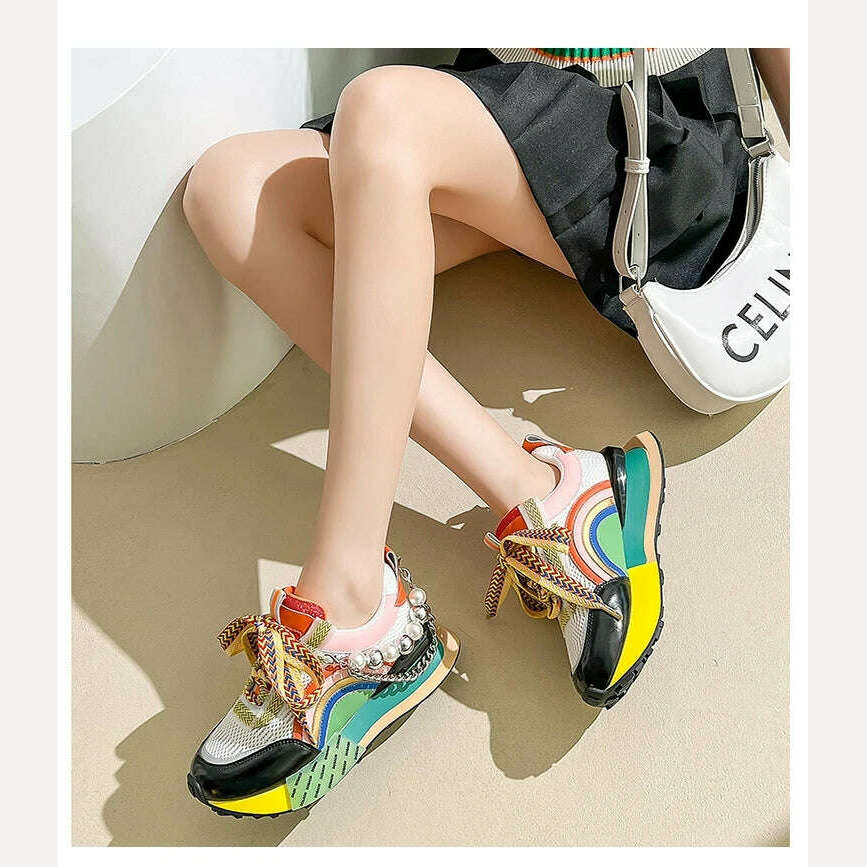 KIMLUD, New Lace Up Iridescent Pearl Chain Decorative Women&#39;s Vulcanized Shoes Women&#39;s Platform Sneakers Zapatos De Mujer Women Shoes, KIMLUD Womens Clothes