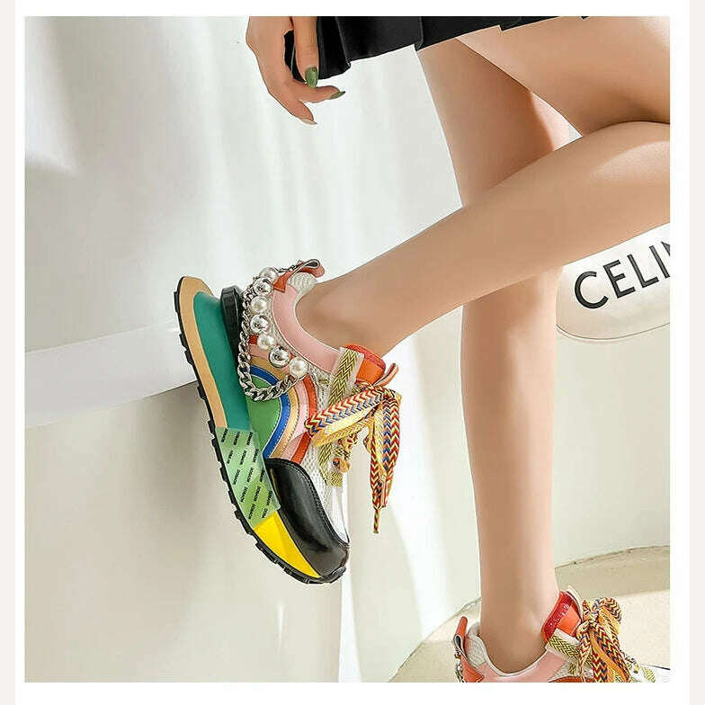 New Lace Up Iridescent Pearl Chain Decorative Women&#39;s Vulcanized Shoes Women&#39;s Platform Sneakers Zapatos De Mujer Women Shoes - KIMLUD