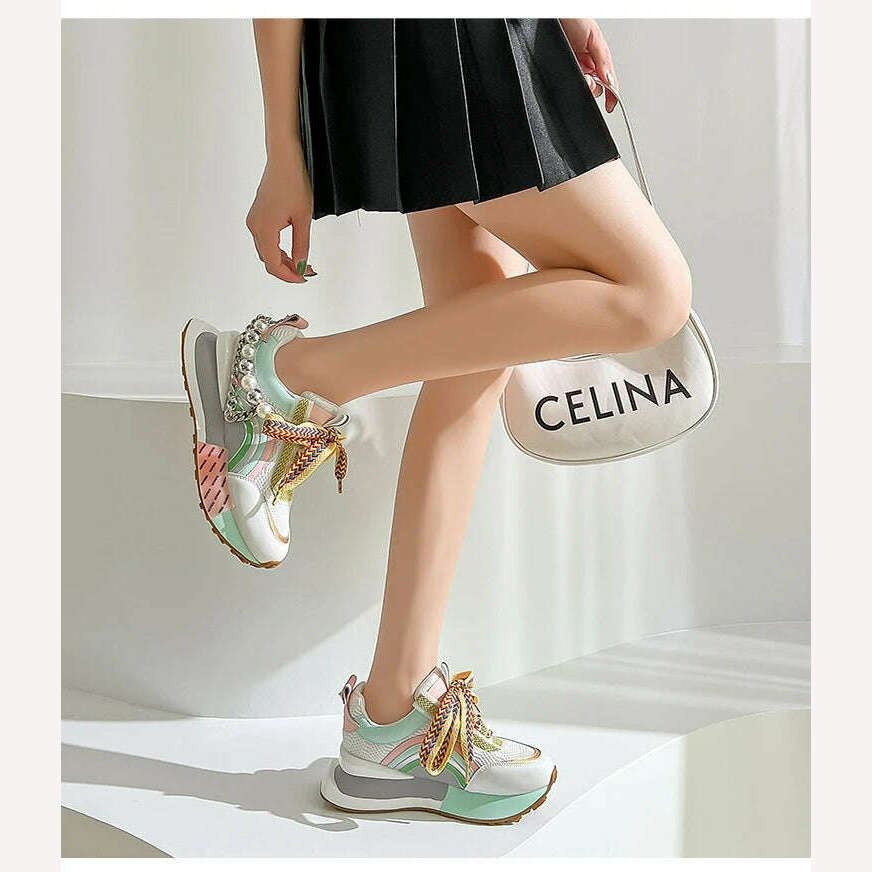 New Lace Up Iridescent Pearl Chain Decorative Women&#39;s Vulcanized Shoes Women&#39;s Platform Sneakers Zapatos De Mujer Women Shoes - KIMLUD