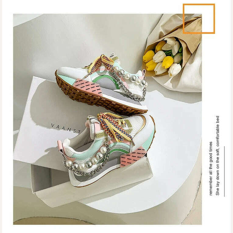 New Lace Up Iridescent Pearl Chain Decorative Women&#39;s Vulcanized Shoes Women&#39;s Platform Sneakers Zapatos De Mujer Women Shoes, KIMLUD Women's Clothes