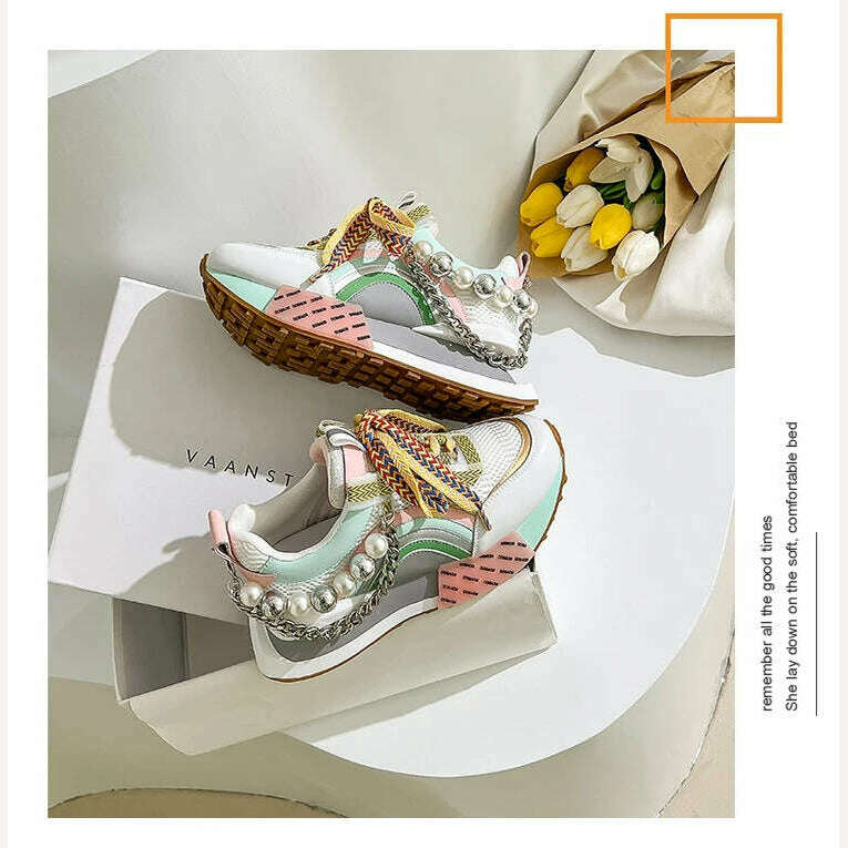 New Lace Up Iridescent Pearl Chain Decorative Women&#39;s Vulcanized Shoes Women&#39;s Platform Sneakers Zapatos De Mujer Women Shoes - KIMLUD