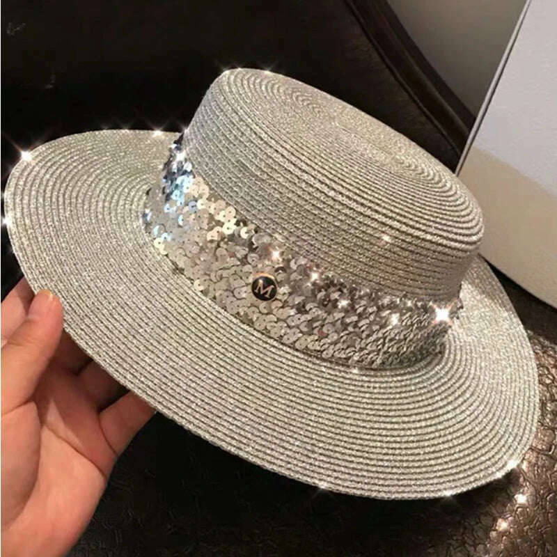 KIMLUD, New Large Brim Straw Hat Summer Hats For Women Sequin Shiny Fashion Beach Cap Boater Flat Top Sun Hat, KIMLUD Womens Clothes