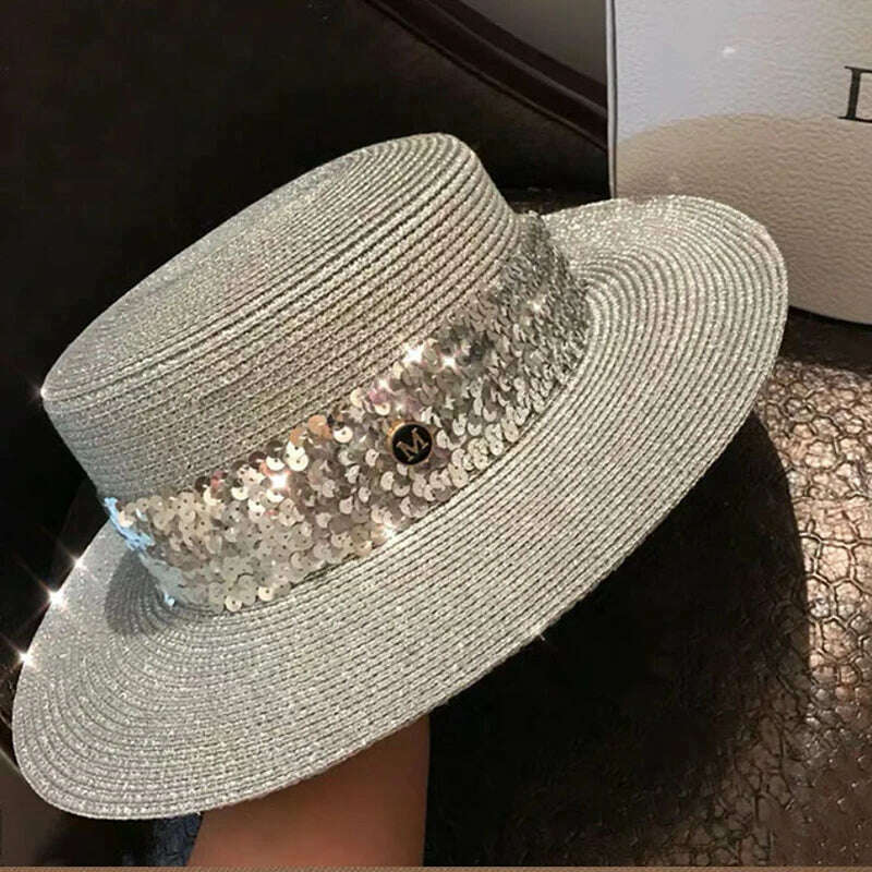 New Large Brim Straw Hat Summer Hats For Women Sequin Shiny Fashion Beach Cap Boater Flat Top Sun Hat, Silver, KIMLUD Women's Clothes
