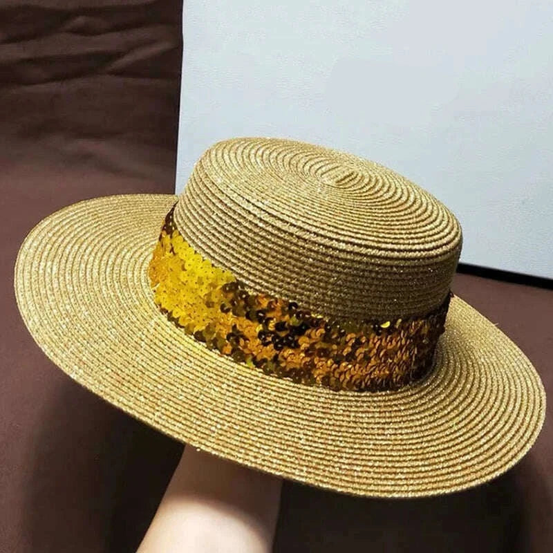 KIMLUD, New Large Brim Straw Hat Summer Hats For Women Sequin Shiny Fashion Beach Cap Boater Flat Top Sun Hat, Gold, KIMLUD Womens Clothes