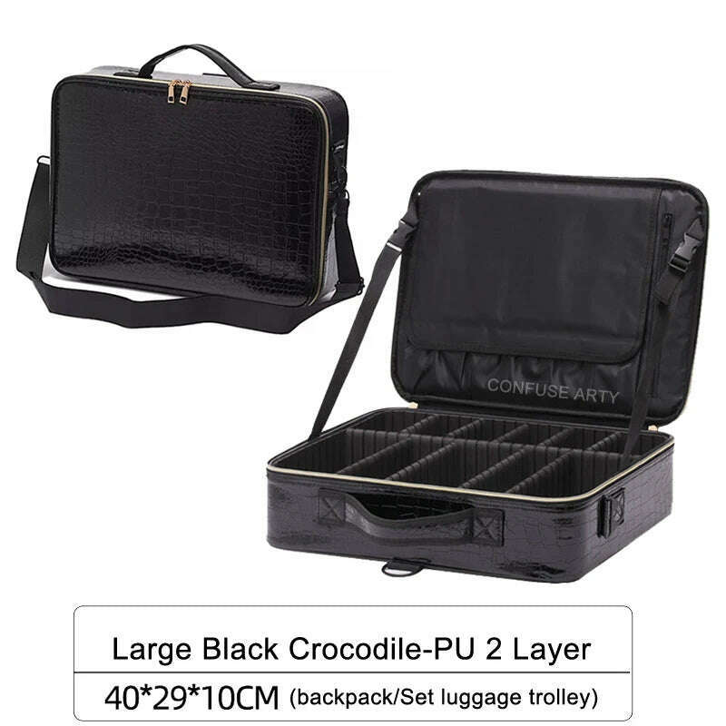 KIMLUD, New Large Capacity Make Up Case Professional Cosmetic Bag PU Leather Beauty Makeup Necessary Waterproof Make Up Bag, L Crocodile Black, KIMLUD Women's Clothes