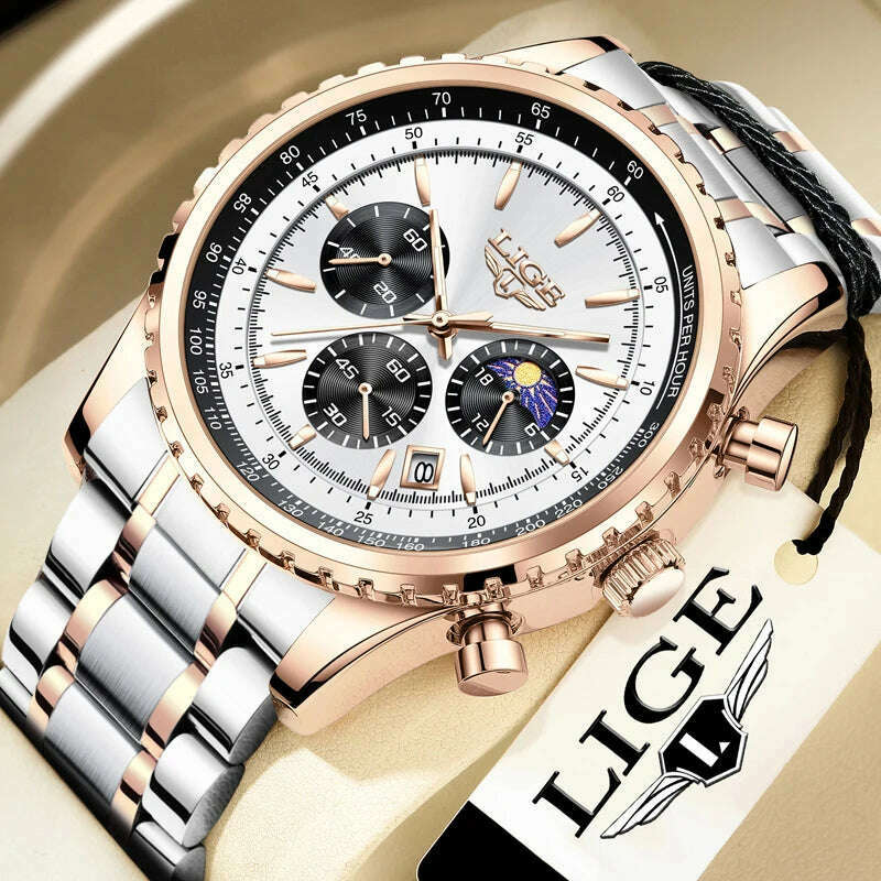 New LIGE Fashion Men Watch Stainless Steel Top Brand Luxury Sport Chronograph Quartz Wrist Watches for Men Relogio Masculino+Box - KIMLUD