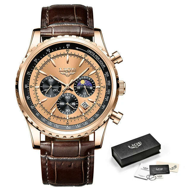 KIMLUD, New LIGE Fashion Men Watch Stainless Steel Top Brand Luxury Sport Chronograph Quartz Wrist Watches for Men Relogio Masculino+Box, Rose gold L, KIMLUD Women's Clothes