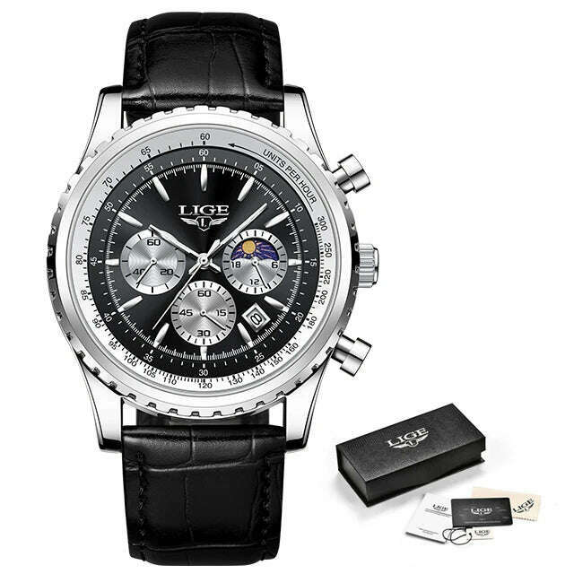 KIMLUD, New LIGE Fashion Men Watch Stainless Steel Top Brand Luxury Sport Chronograph Quartz Wrist Watches for Men Relogio Masculino+Box, Silver black L, KIMLUD Women's Clothes