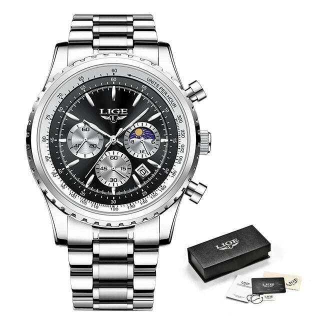 KIMLUD, New LIGE Fashion Men Watch Stainless Steel Top Brand Luxury Sport Chronograph Quartz Wrist Watches for Men Relogio Masculino+Box, Silver black S, KIMLUD Women's Clothes