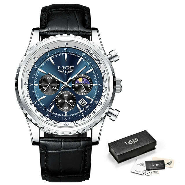 KIMLUD, New LIGE Fashion Men Watch Stainless Steel Top Brand Luxury Sport Chronograph Quartz Wrist Watches for Men Relogio Masculino+Box, Silver blue L, KIMLUD Women's Clothes