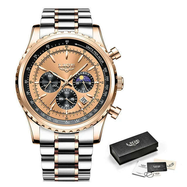 KIMLUD, New LIGE Fashion Men Watch Stainless Steel Top Brand Luxury Sport Chronograph Quartz Wrist Watches for Men Relogio Masculino+Box, Rose gold S, KIMLUD Womens Clothes