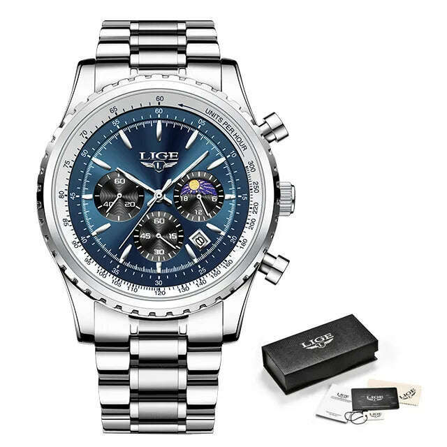 KIMLUD, New LIGE Fashion Men Watch Stainless Steel Top Brand Luxury Sport Chronograph Quartz Wrist Watches for Men Relogio Masculino+Box, Silver blue S, KIMLUD Womens Clothes