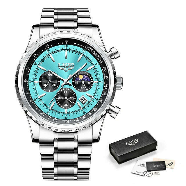 KIMLUD, New LIGE Fashion Men Watch Stainless Steel Top Brand Luxury Sport Chronograph Quartz Wrist Watches for Men Relogio Masculino+Box, Lake blue S, KIMLUD Women's Clothes