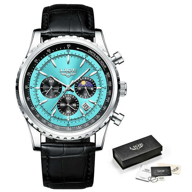KIMLUD, New LIGE Fashion Men Watch Stainless Steel Top Brand Luxury Sport Chronograph Quartz Wrist Watches for Men Relogio Masculino+Box, Lake blue L, KIMLUD Women's Clothes