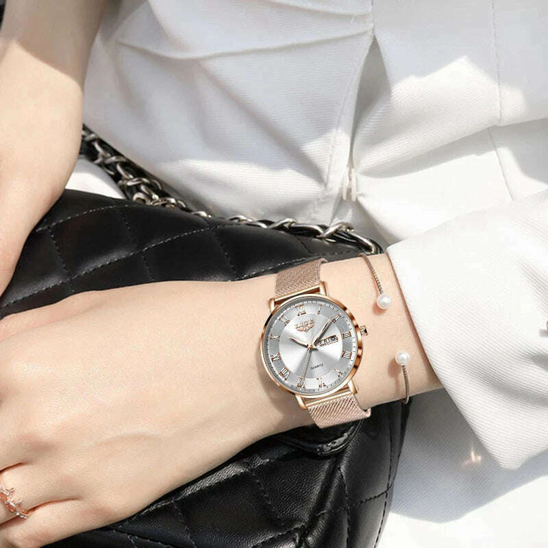 KIMLUD, New LIGE Women Ultra-Thin Watch Top Brand Luxury Watches Fashion Ladies Clock Stainless Steel Waterproof Calendar Wristwatch+Box, KIMLUD Women's Clothes
