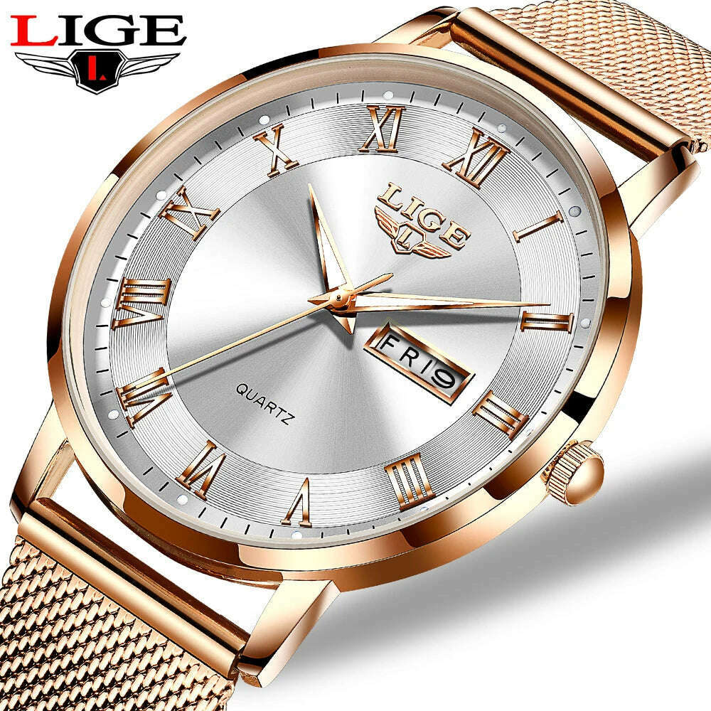 KIMLUD, New LIGE Women Ultra-Thin Watch Top Brand Luxury Watches Fashion Ladies Clock Stainless Steel Waterproof Calendar Wristwatch+Box, KIMLUD Women's Clothes