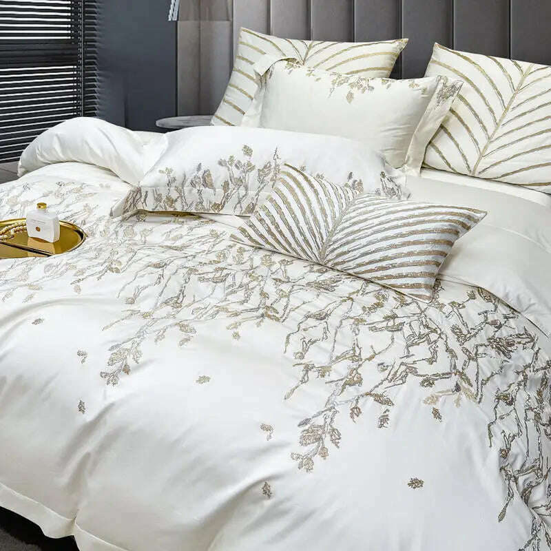 KIMLUD, New Luxury Embroidery Egyptian Cotton Bedding Set Satin Smooth Silk Duvet Cover Flat sheet Bedspread Pillowcases 4/6/10Pcs, KIMLUD Womens Clothes